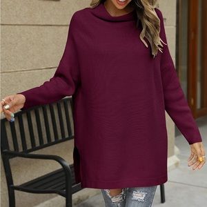 NWT LILLUSORY Oversized Tunic Sweater Wine Red Turtleneck Batwing Sleeve